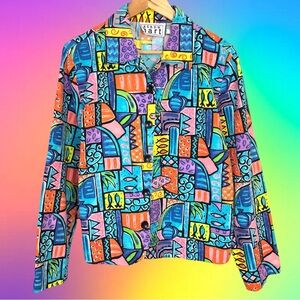Vintage 80s Retro Groovy Rainbow Abstract Sequin Fish Art To Wear Blazer Jacket